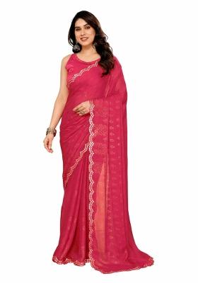 Pink Printed Poly Blend Saree Set With Blouse