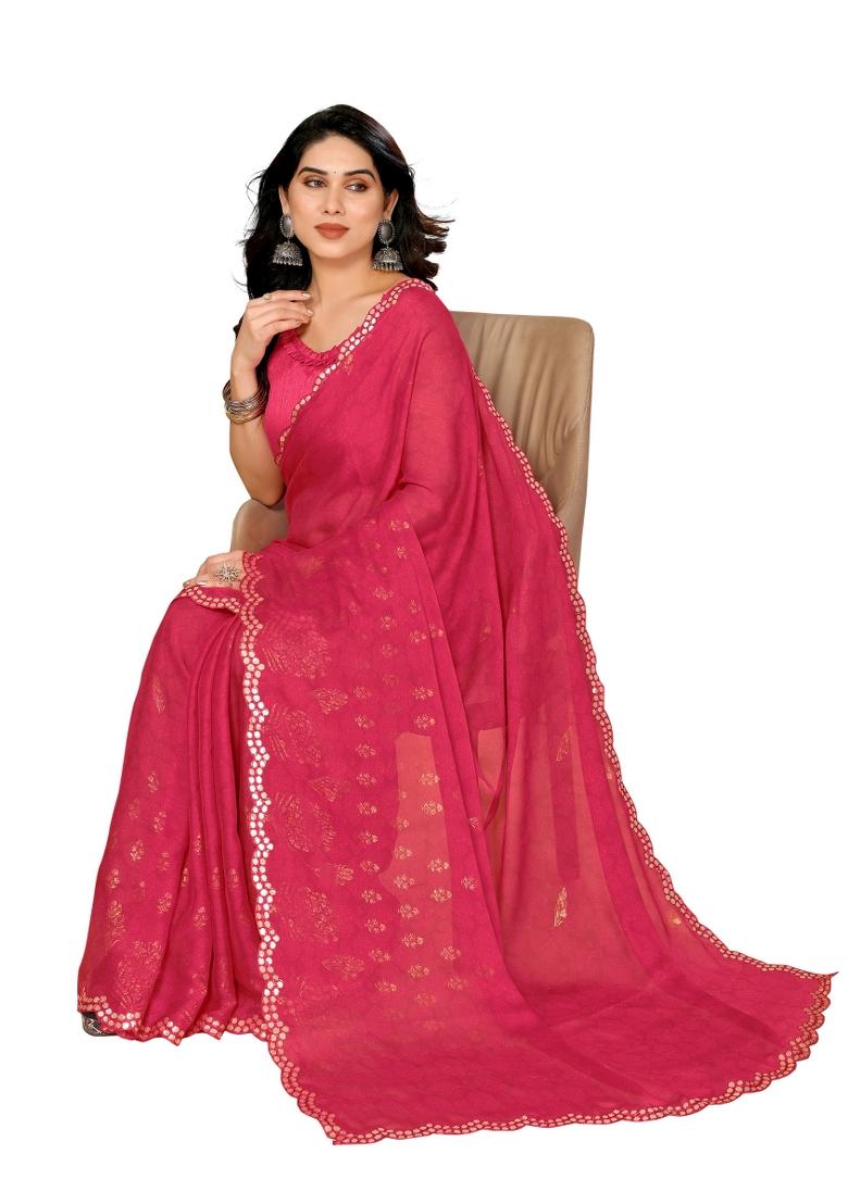 Pink Printed Poly Blend Saree Set With Blouse