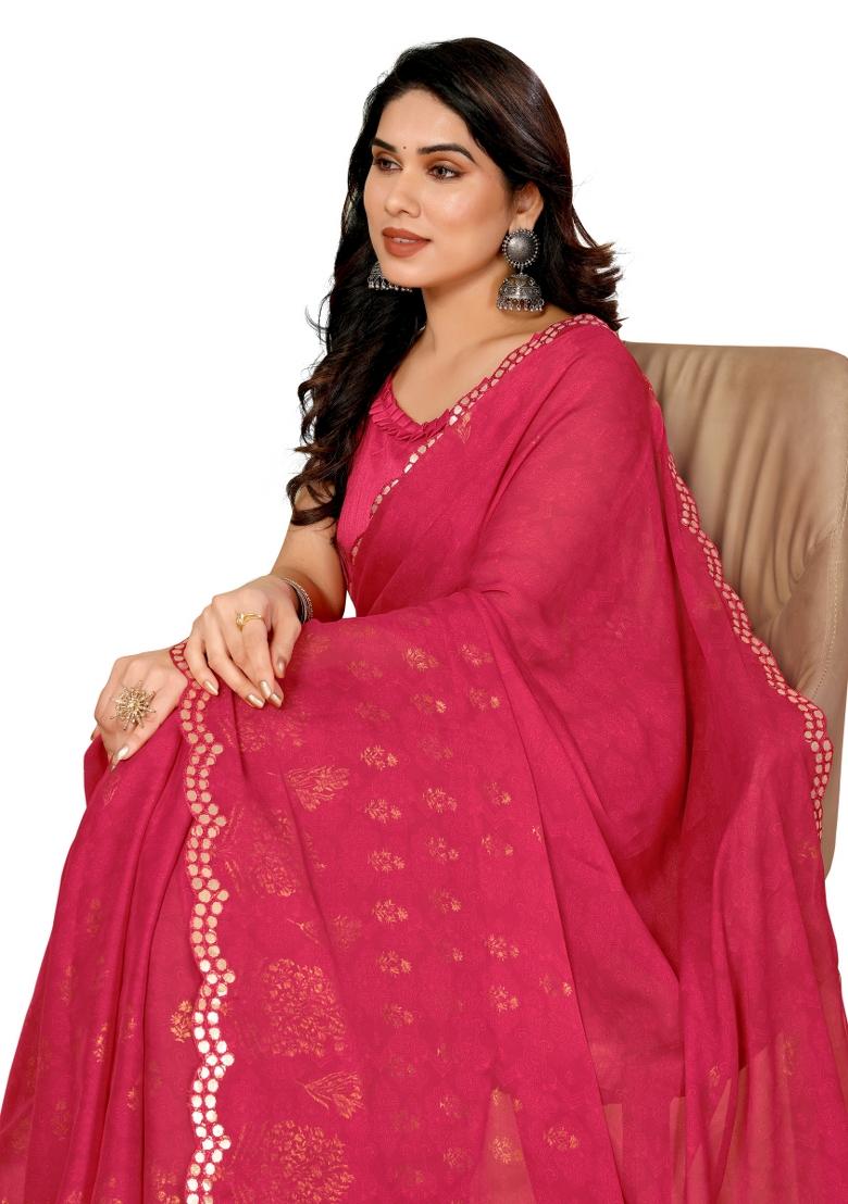 Pink Printed Poly Blend Saree Set With Blouse