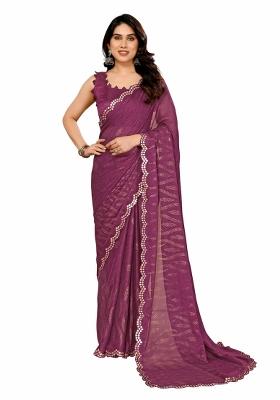 Purple Printed Poly Blend Saree Set With Blouse