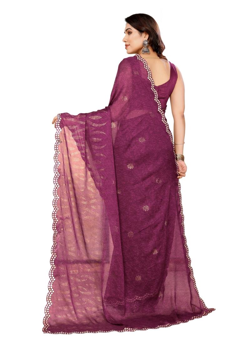 Purple Printed Poly Blend Saree Set With Blouse