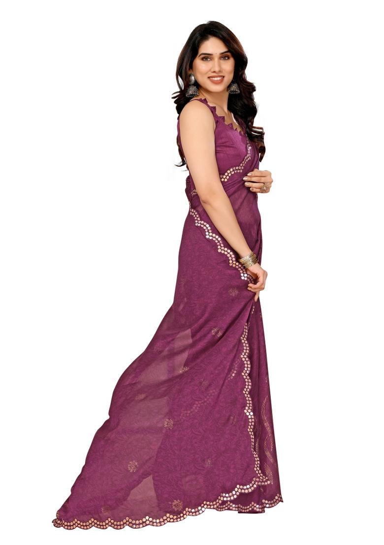 Purple Printed Poly Blend Saree Set With Blouse