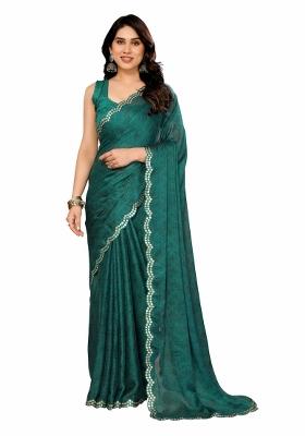 Rama Green Printed Poly Blend Saree Set With Blouse