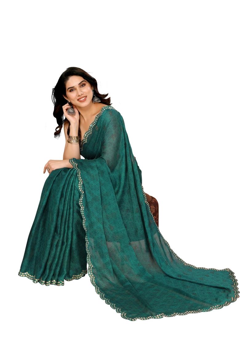 Rama Green Printed Poly Blend Saree Set With Blouse
