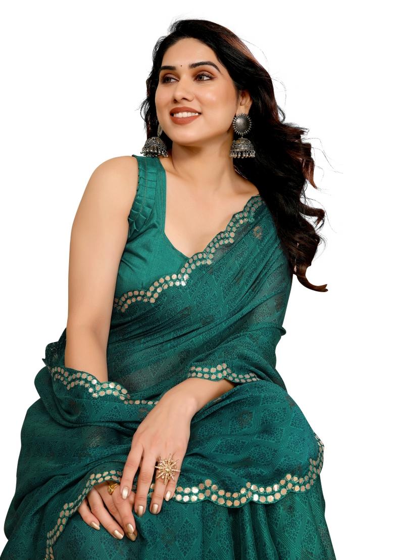 Rama Green Printed Poly Blend Saree Set With Blouse
