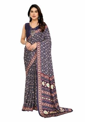 Blue Printed Silk Crepe Saree Set With Blouse
