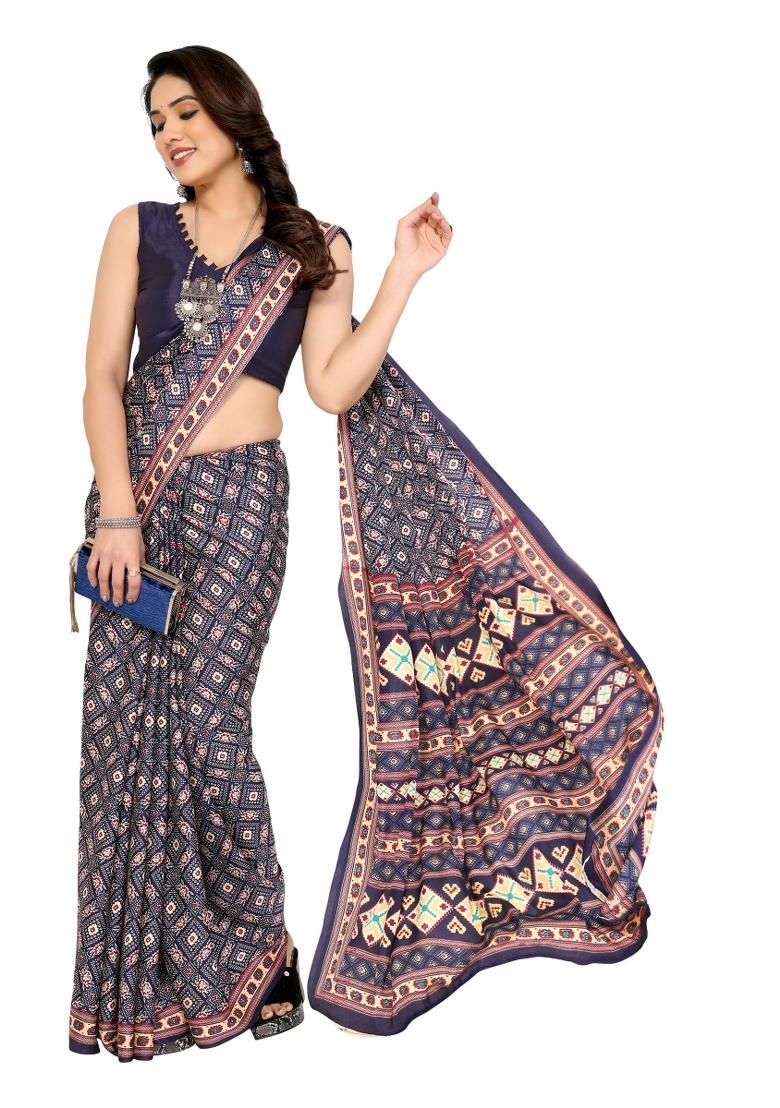 Blue Printed Silk Crepe Saree Set With Blouse