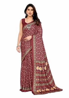 Maroon Printed Silk Crepe Saree Set With Blouse