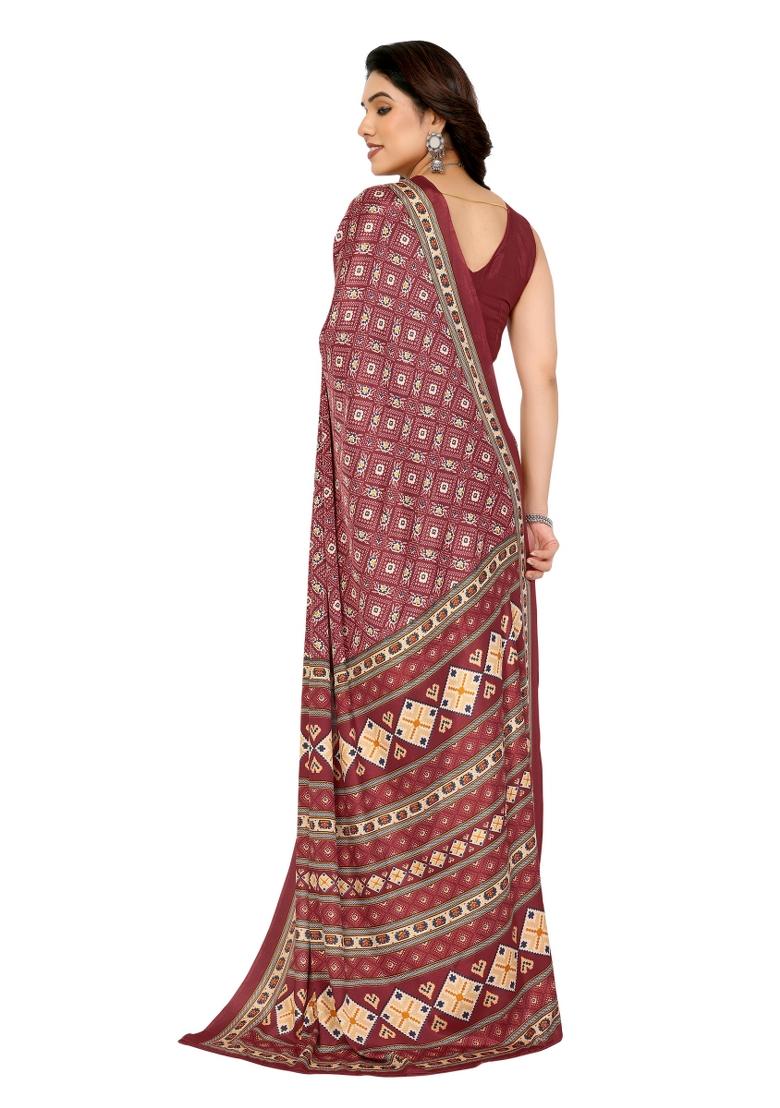 Maroon Printed Silk Crepe Saree Set With Blouse