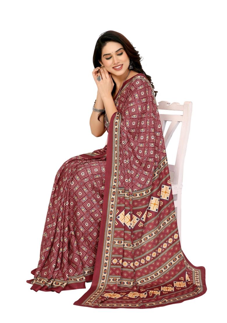 Maroon Printed Silk Crepe Saree Set With Blouse