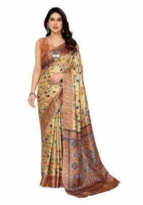 Brown Printed Khadi Saree Set With Blouse