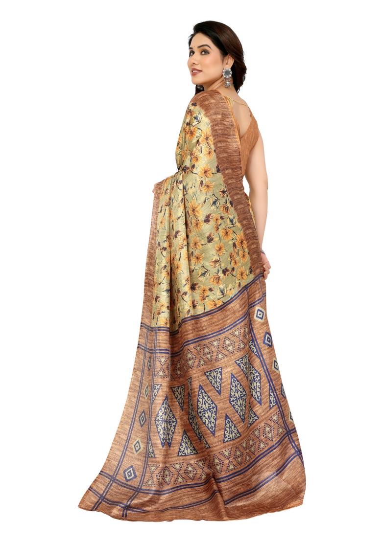 Brown Printed Khadi Saree Set With Blouse