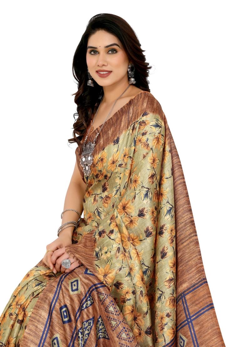 Brown Printed Khadi Saree Set With Blouse