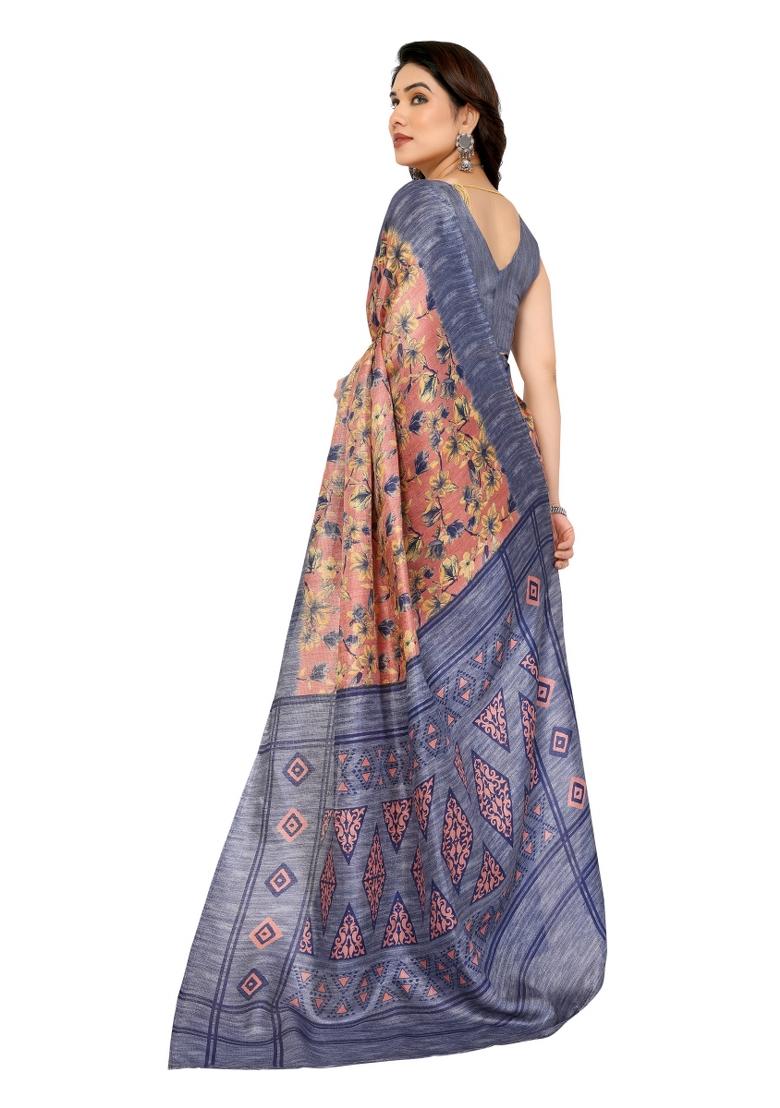 Grey Printed Khadi Saree Set With Blouse