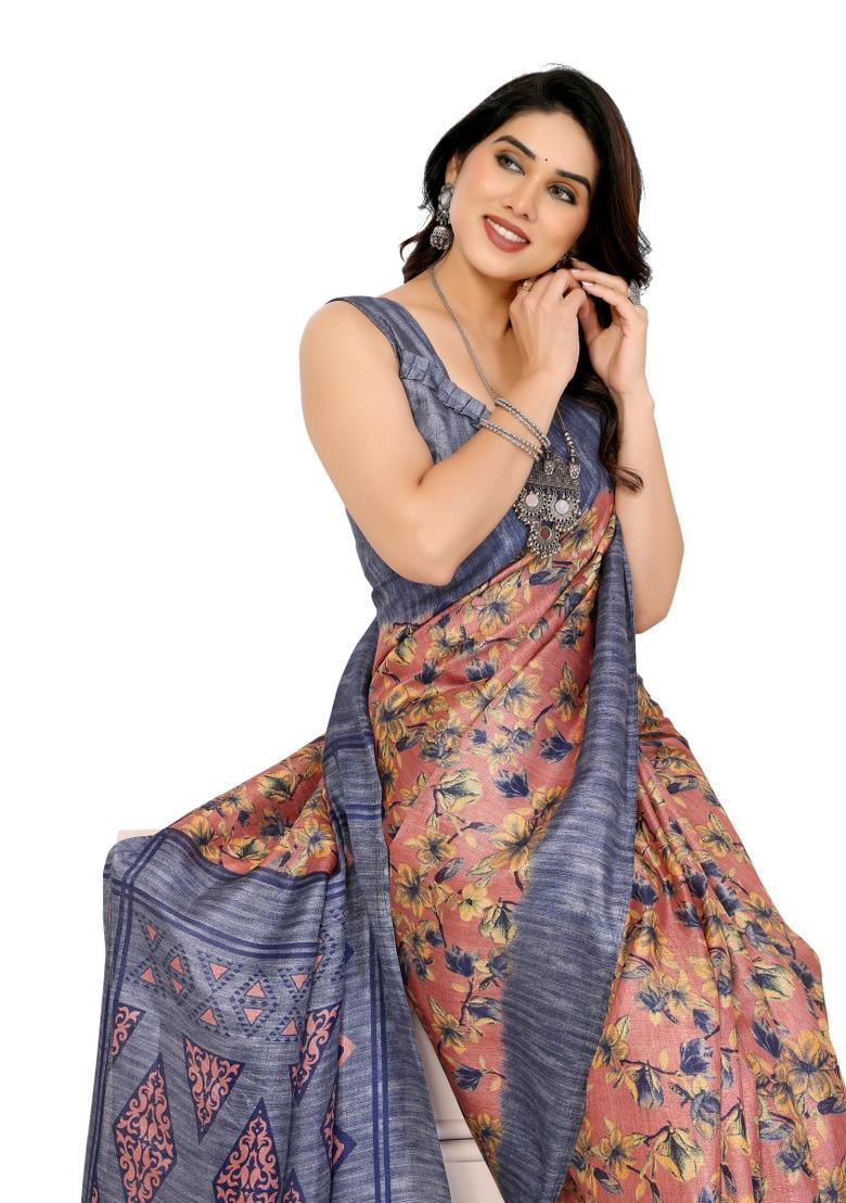 Grey Printed Khadi Saree Set With Blouse