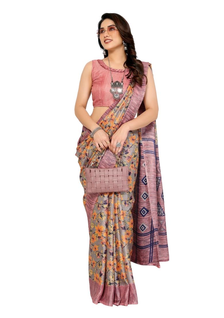 Pink Printed Khadi Saree Set With Blouse