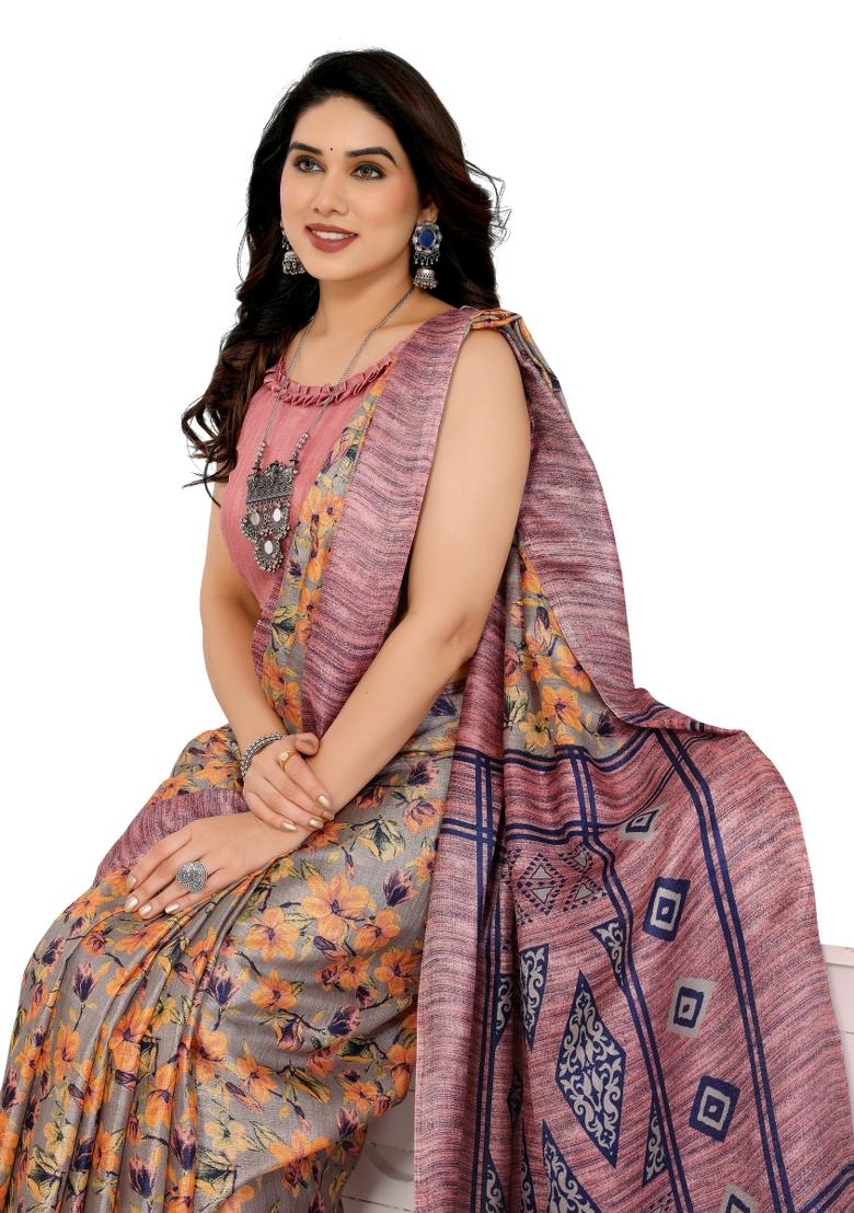 Pink Printed Khadi Saree Set With Blouse