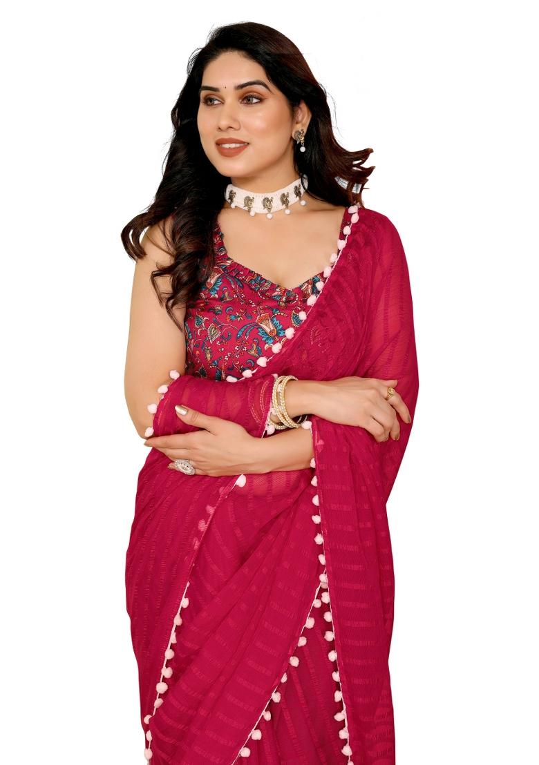 Pink Solid Georgette Saree Set With Blouse