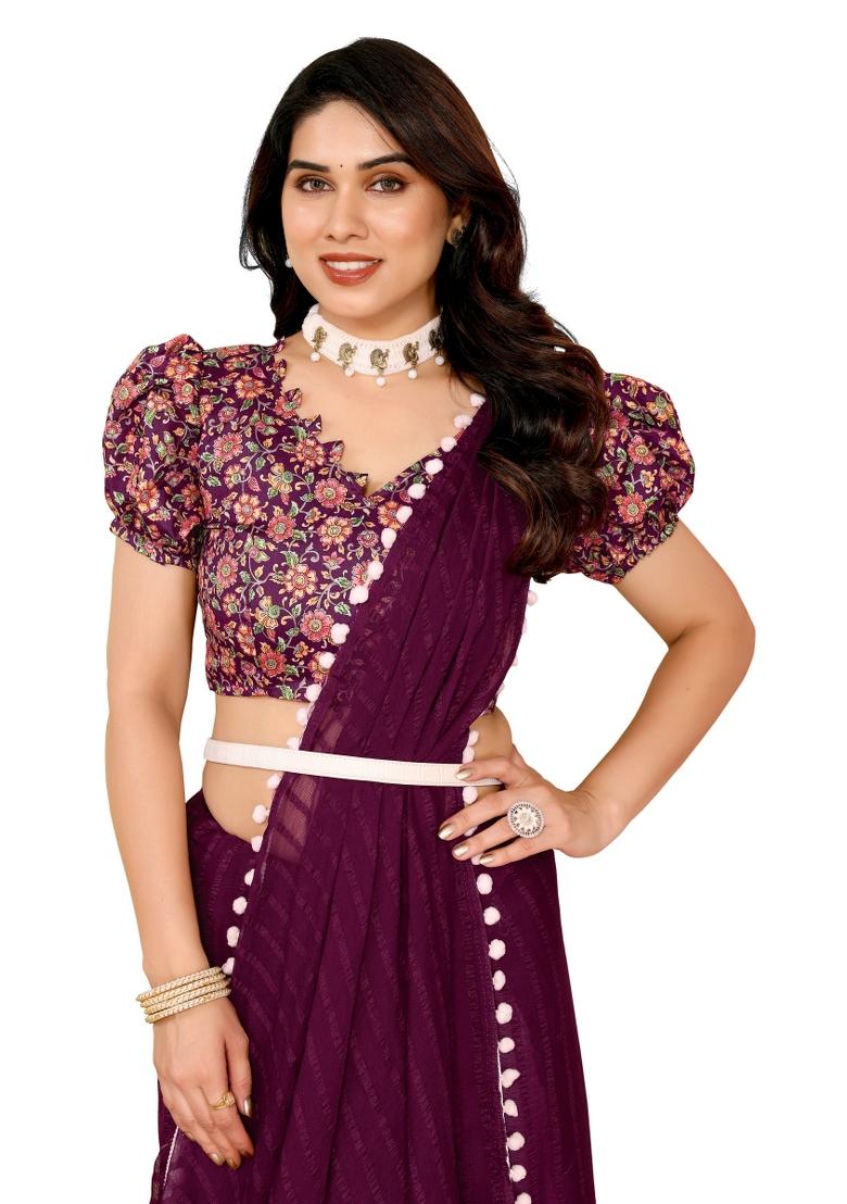 Purple Solid Georgette Saree Set With Blouse