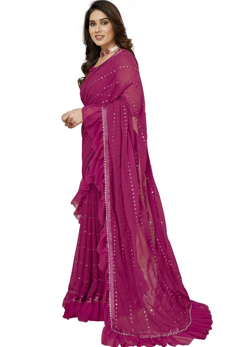 Pink Ruffal Georgette Saree Set With Blouse