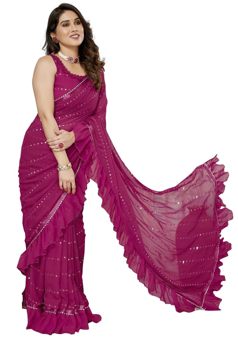 Pink Ruffal Georgette Saree Set With Blouse