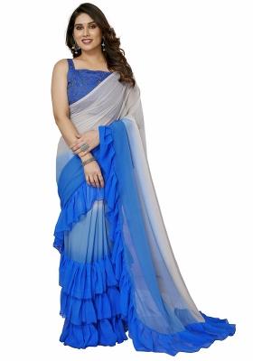 Blue Ruffal Georgette Saree Set With Blouse