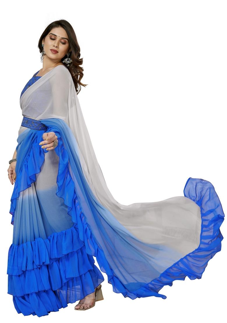 Blue Ruffal Georgette Saree Set With Blouse