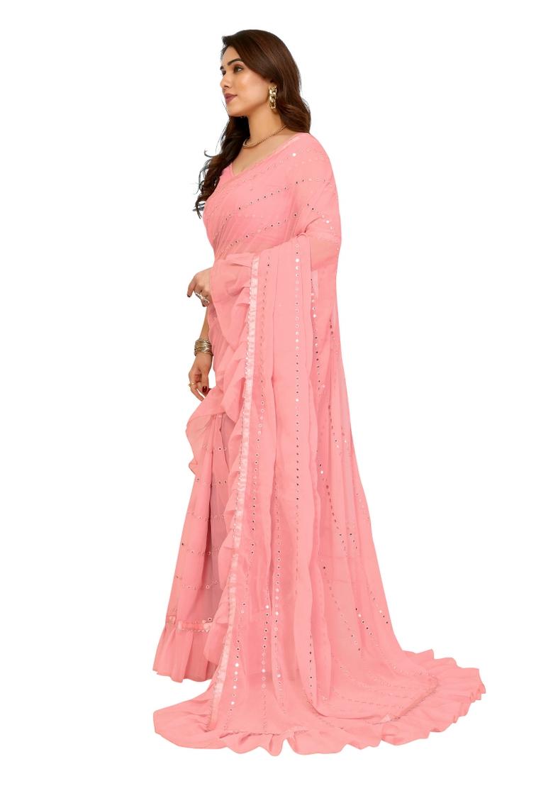 Pink Ruffal Georgette Saree Set With Blouse