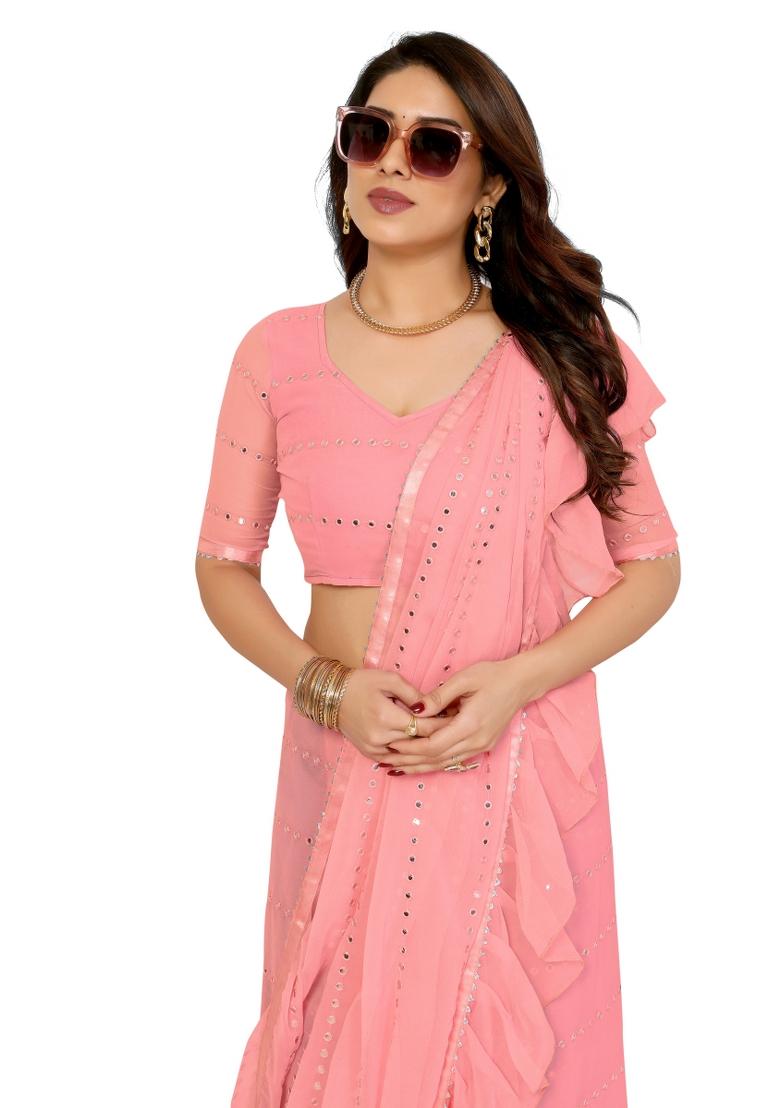 Pink Ruffal Georgette Saree Set With Blouse