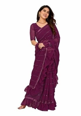 Purple Ruffal Georgette Saree Set With Blouse