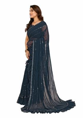 Rama Green Ruffal Georgette Saree Set With Blouse