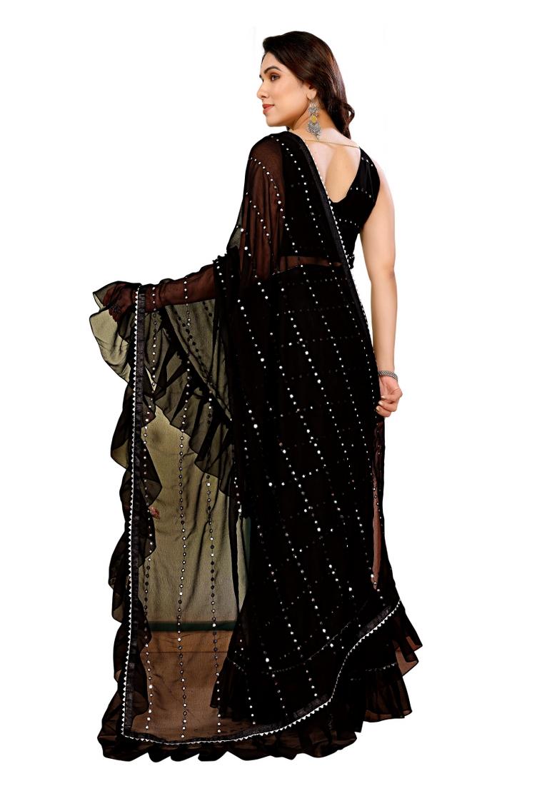Black Ruffal Georgette Saree Set With Blouse