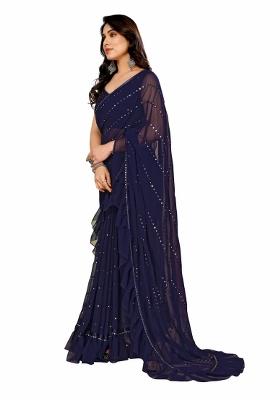 Blue Ruffal Georgette Saree Set With Blouse