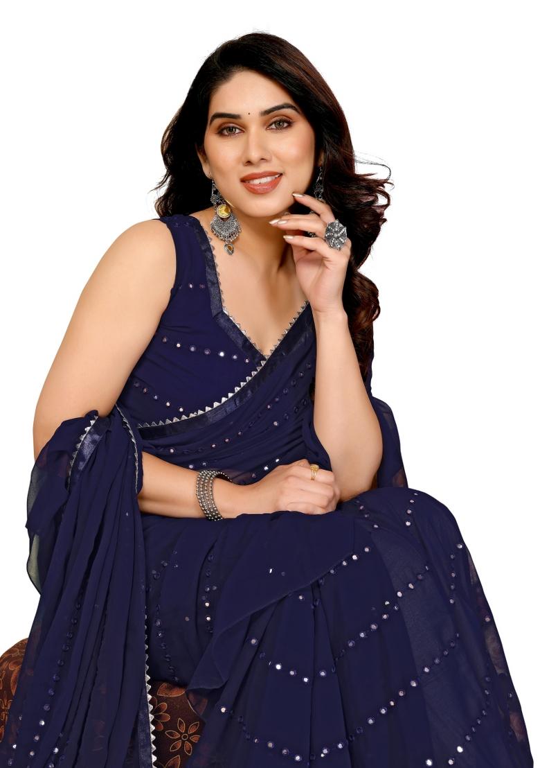 Blue Ruffal Georgette Saree Set With Blouse