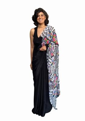 Black Printed Bright Moss Saree Set With Blouse