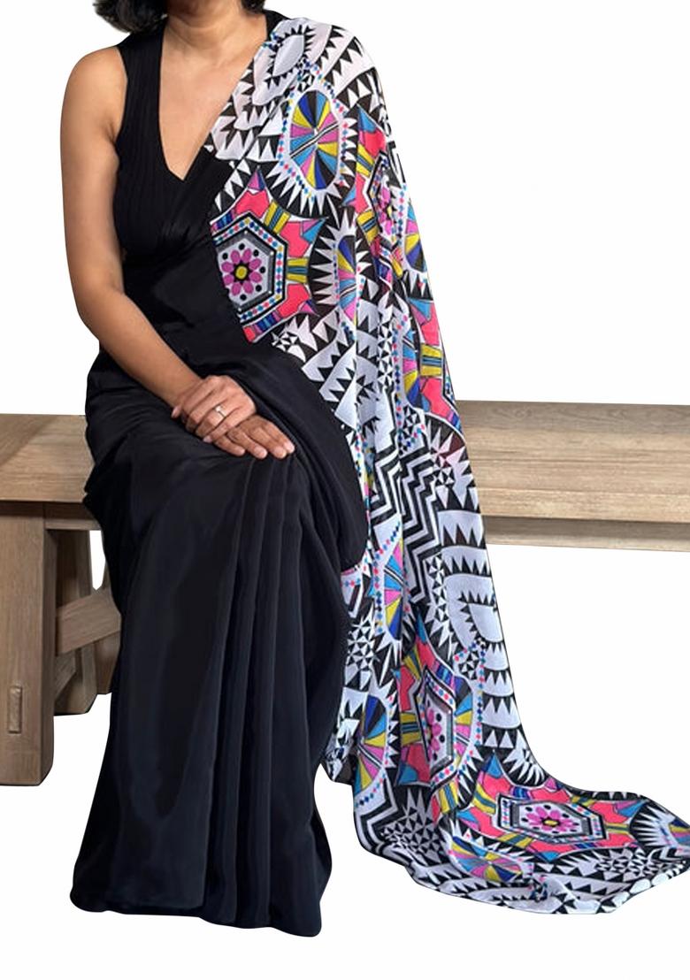Black Printed Bright Moss Saree Set With Blouse