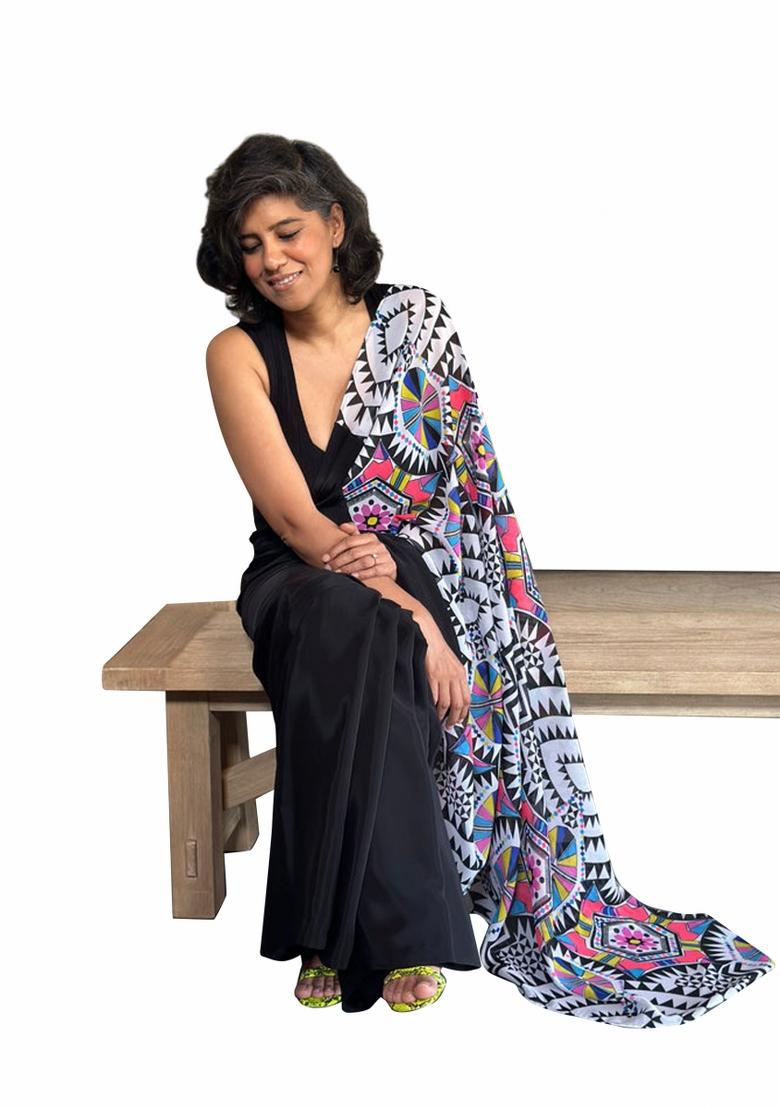 Black Printed Bright Moss Saree Set With Blouse