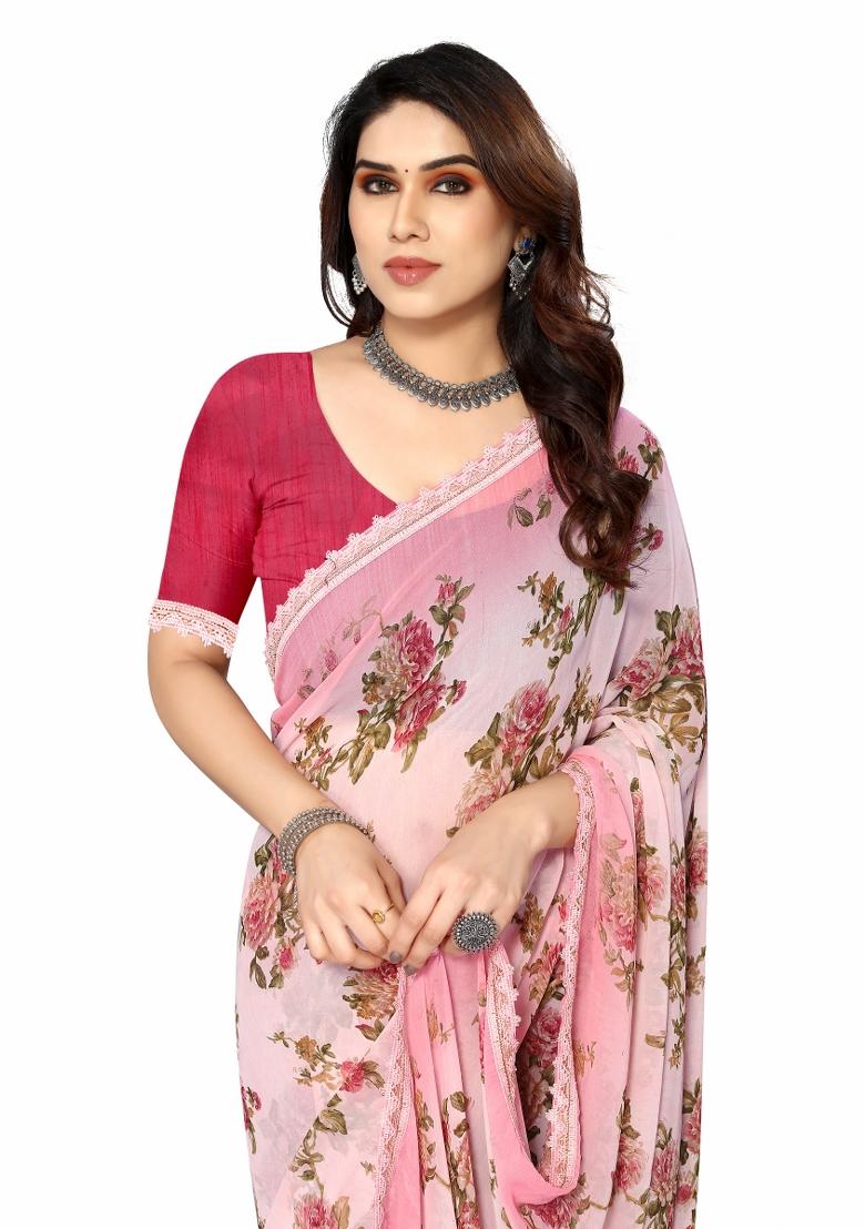 Pink Printed Georgette Saree Set With Blouse