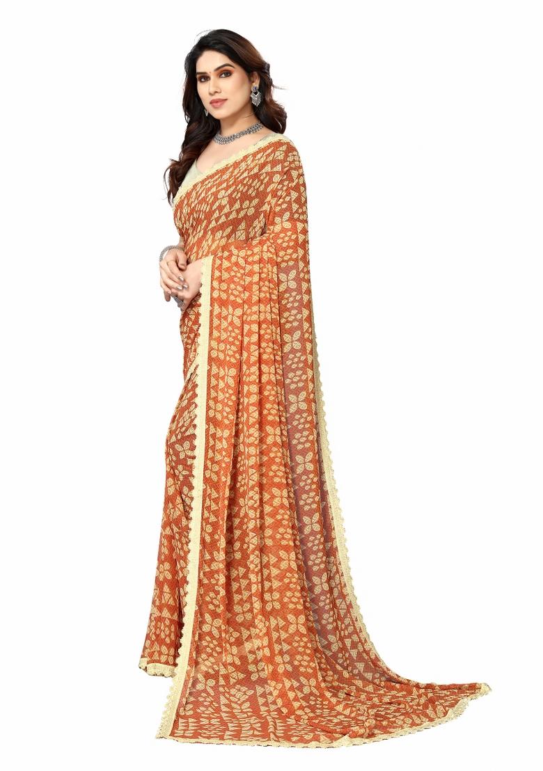 Orange Printed Georgette Saree Set With Blouse