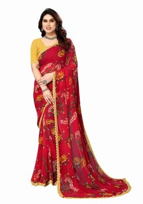 Red Printed Georgette Saree Set With Blouse