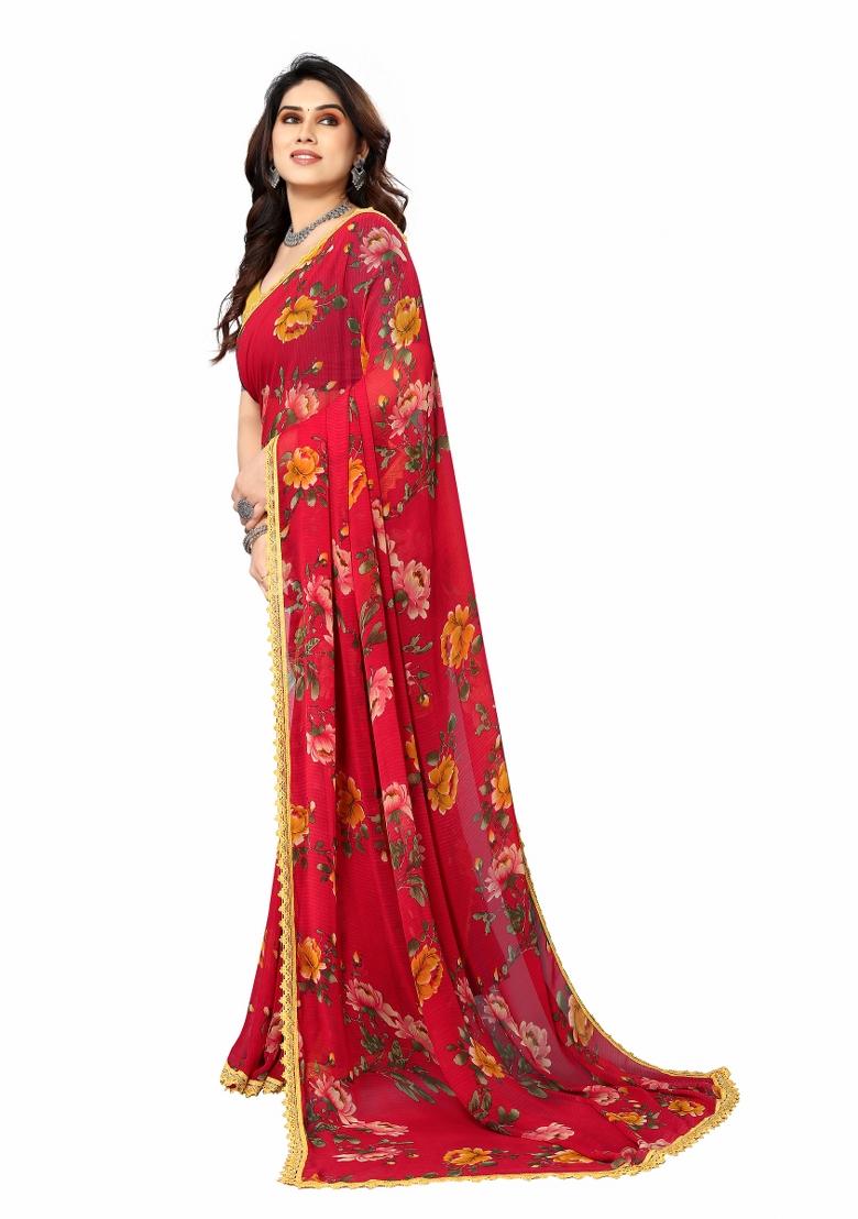 Red Printed Georgette Saree Set With Blouse