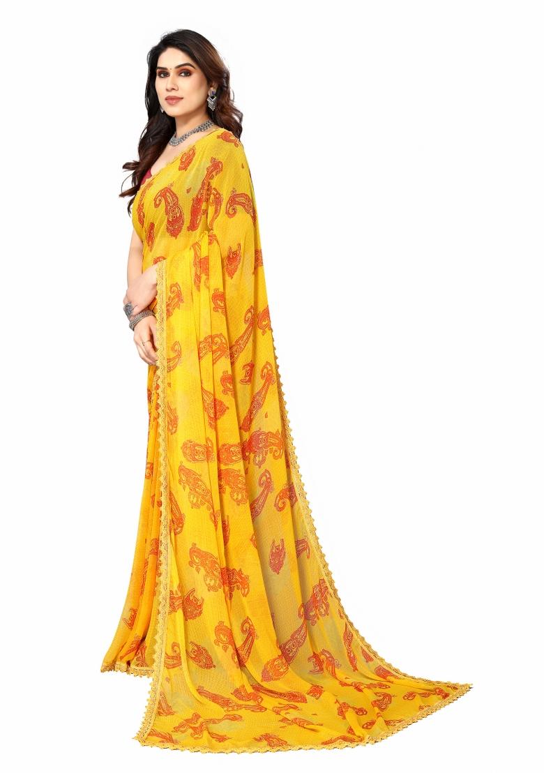 Yellow Printed Georgette Saree Set With Blouse