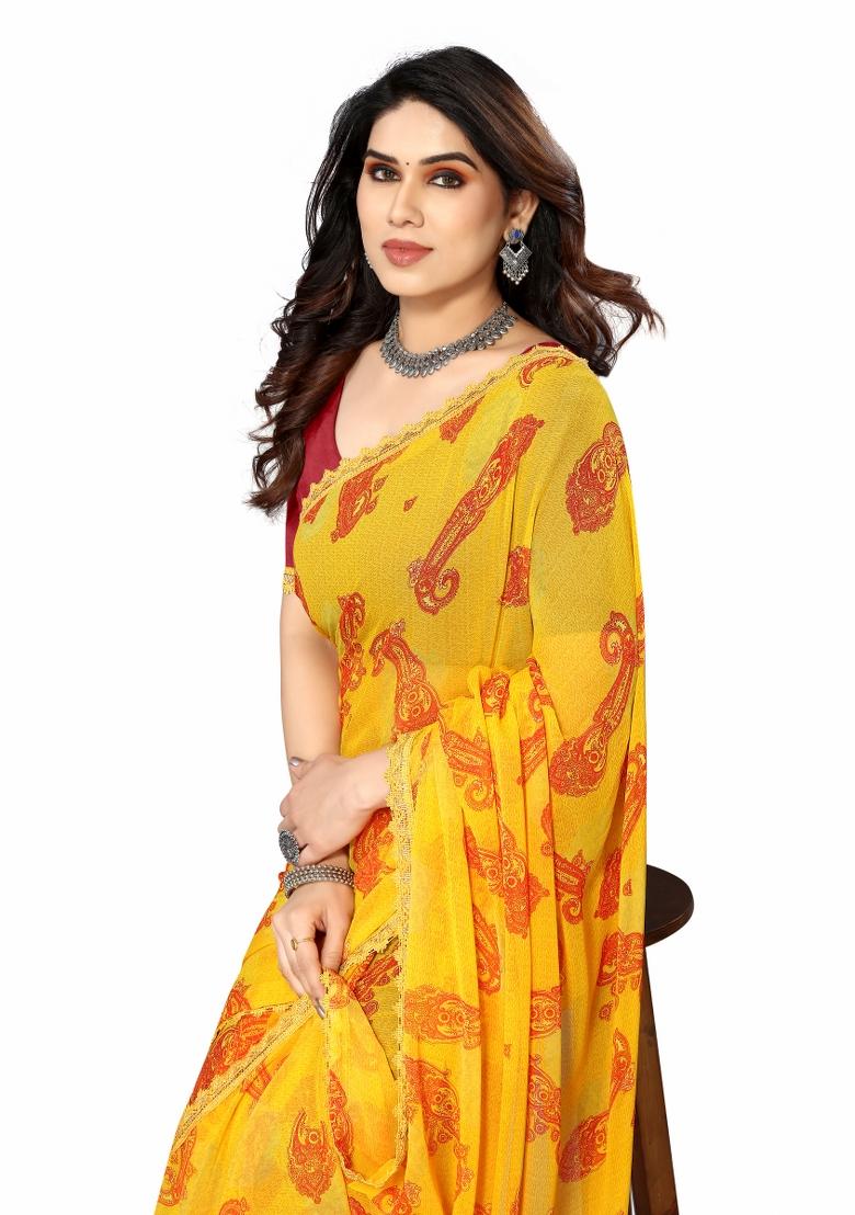 Yellow Printed Georgette Saree Set With Blouse