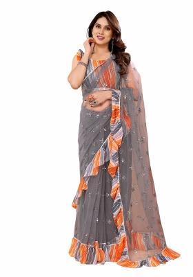 Grey Mirror Work Net Saree Set With Blouse