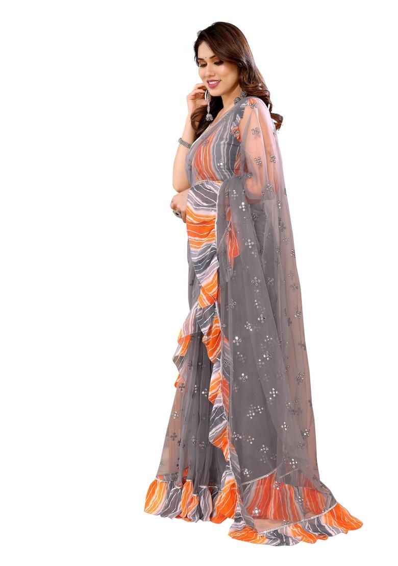 Grey Mirror Work Net Saree Set With Blouse