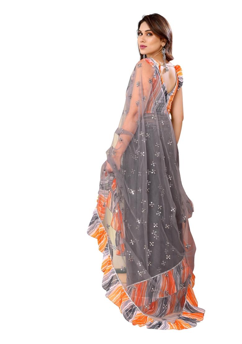 Grey Mirror Work Net Saree Set With Blouse