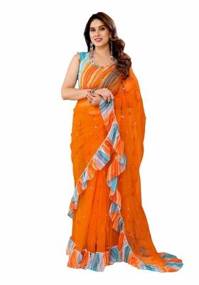 Orange Mirror Work Net Saree Set With Blouse