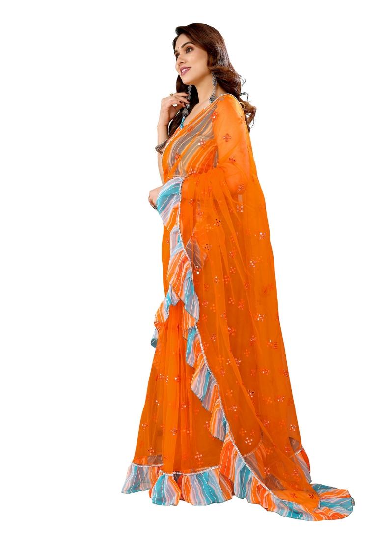 Orange Mirror Work Net Saree Set With Blouse