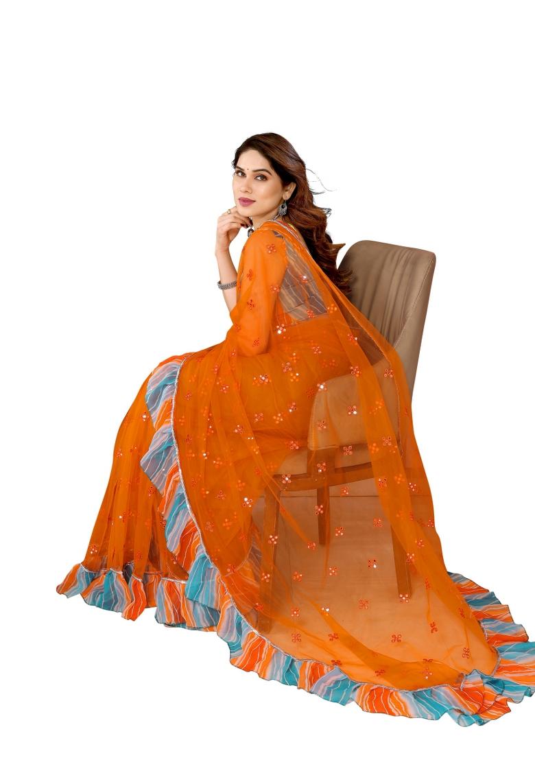 Orange Mirror Work Net Saree Set With Blouse