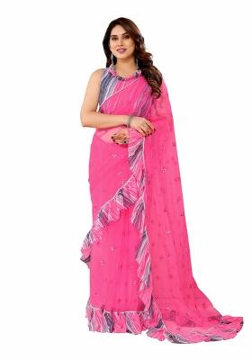 Pink Mirror Work Net Saree Set With Blouse
